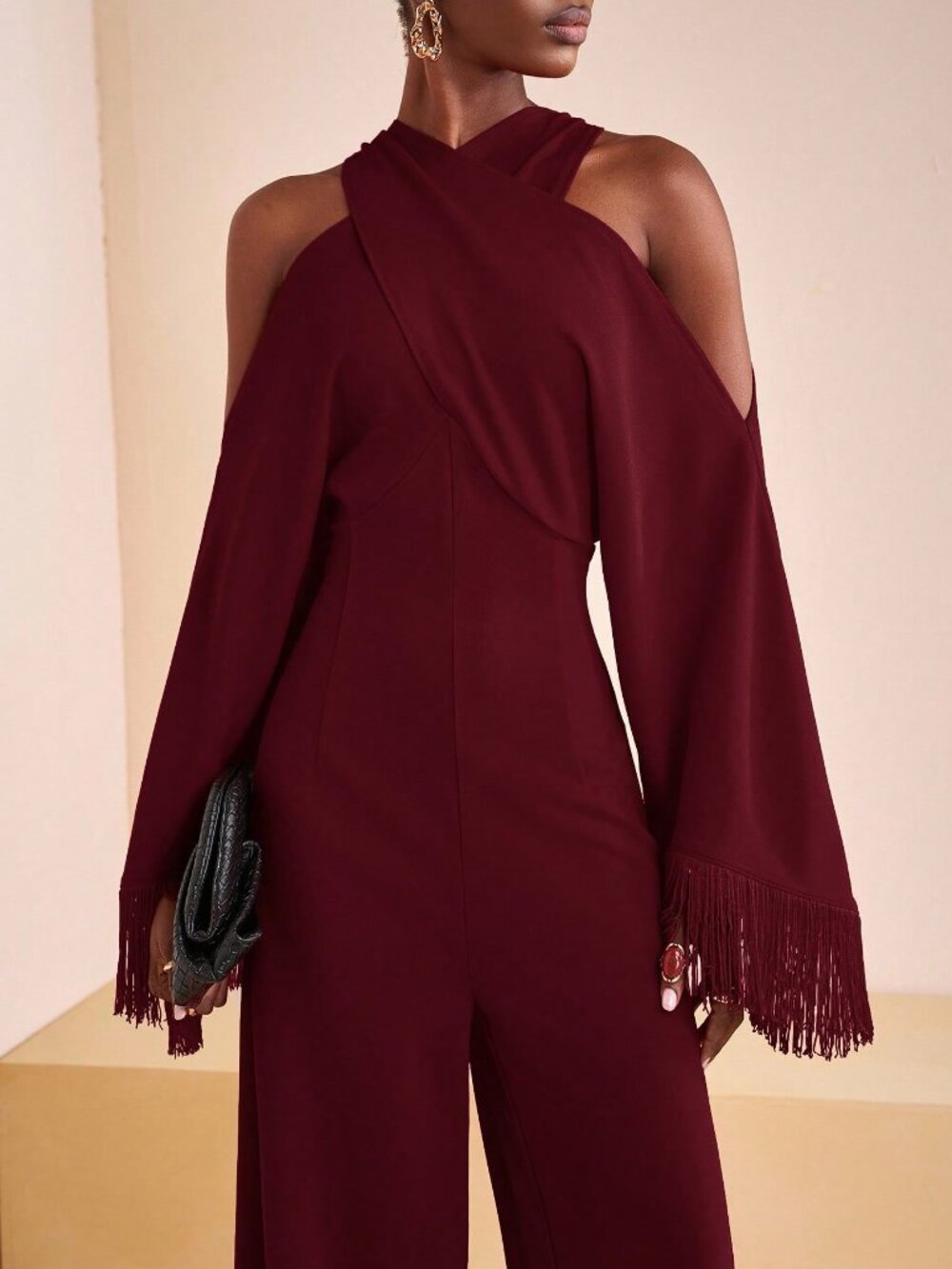Burgundy Elegant Women's Cross Neckline Tassel Zipper Long Unitard